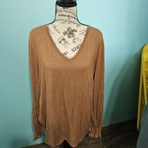 Stylish Brown V-Neck Long Sleeve Top